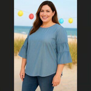 J. Jill Denim Blue Chambray Tiered Ruffle Bell Sleeve Blouse Top XLP Beachy READ